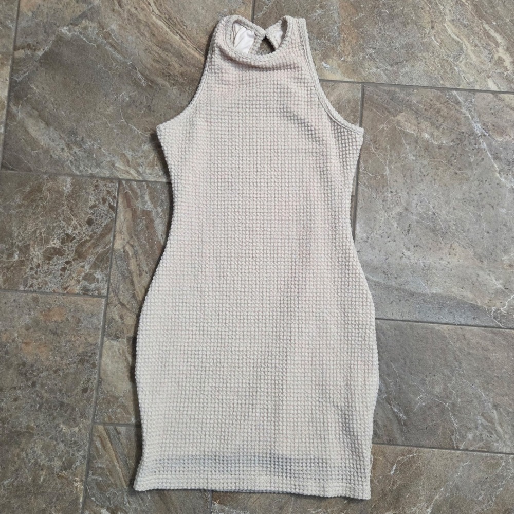 SHEIN Womens Cream Waffle Knit High Neck Keyhole Back Bodycon Mini Dress Size S